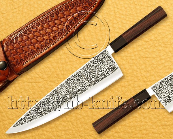 Personalized Engraving Blade Chef Knife | Custom Handmade Kitchen Gyuto Knife | Walnut Wood Handle | Leather Sheath | Damascus Pen | Wooden Gift Box