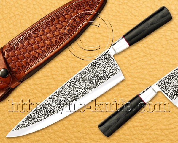 Personalized Engraving Blade Chef Knife | Custom Handmade Kitchen Gyuto Knife | Micarta Handle | Leather Sheath | Damascus Pen | Wooden Gift Box