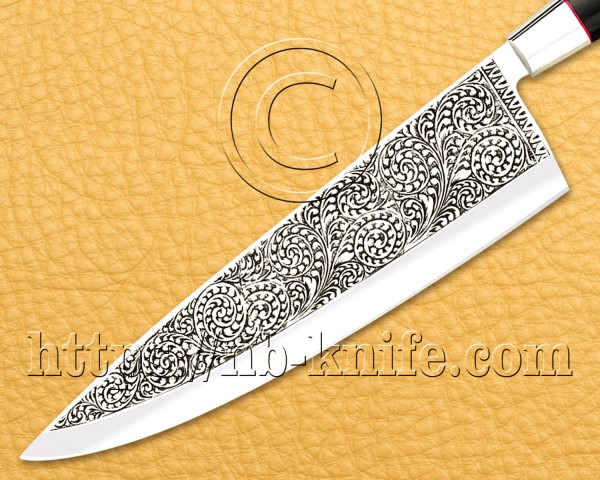 Personalized Engraving Blade Chef Knife | Custom Handmade Kitchen Gyuto Knife | Micarta Handle | Leather Sheath | Damascus Pen | Wooden Gift Box